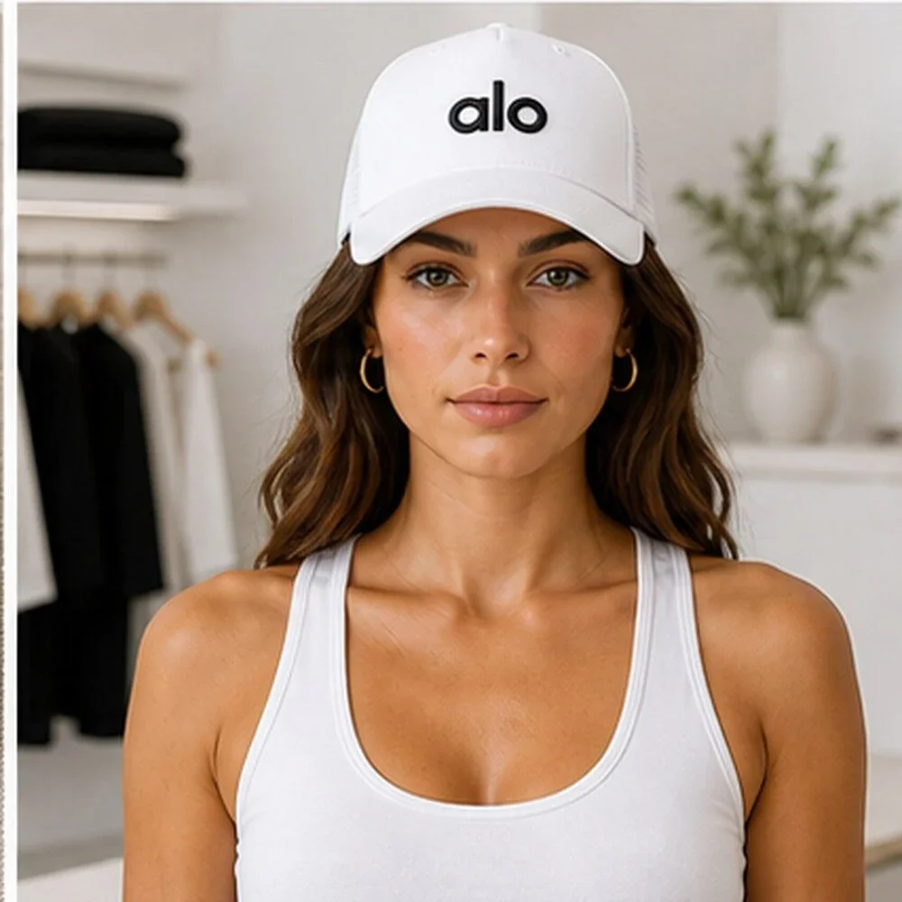ALO Yoga White Black Athleisure Mesh Trucker Cap Hat Logo